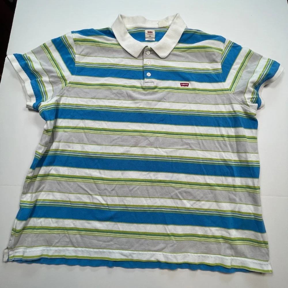 VTG Levis Mens 3XL Standard Fit Striped Polo Shirt Short Sleeve Blue Green